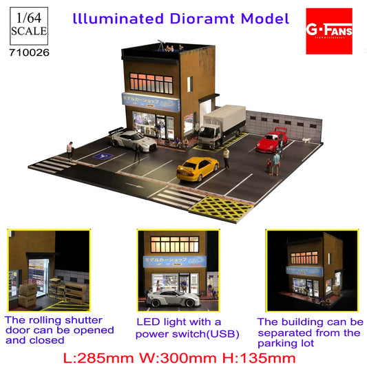 SS69 1/64 Scale Diecast Car Garage Diorama with LED Lighting and Dust Door