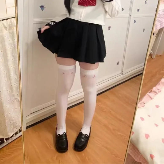 SS69 Japanese Kawaii Expression Thigh High Socks - White Plaid Over Knee