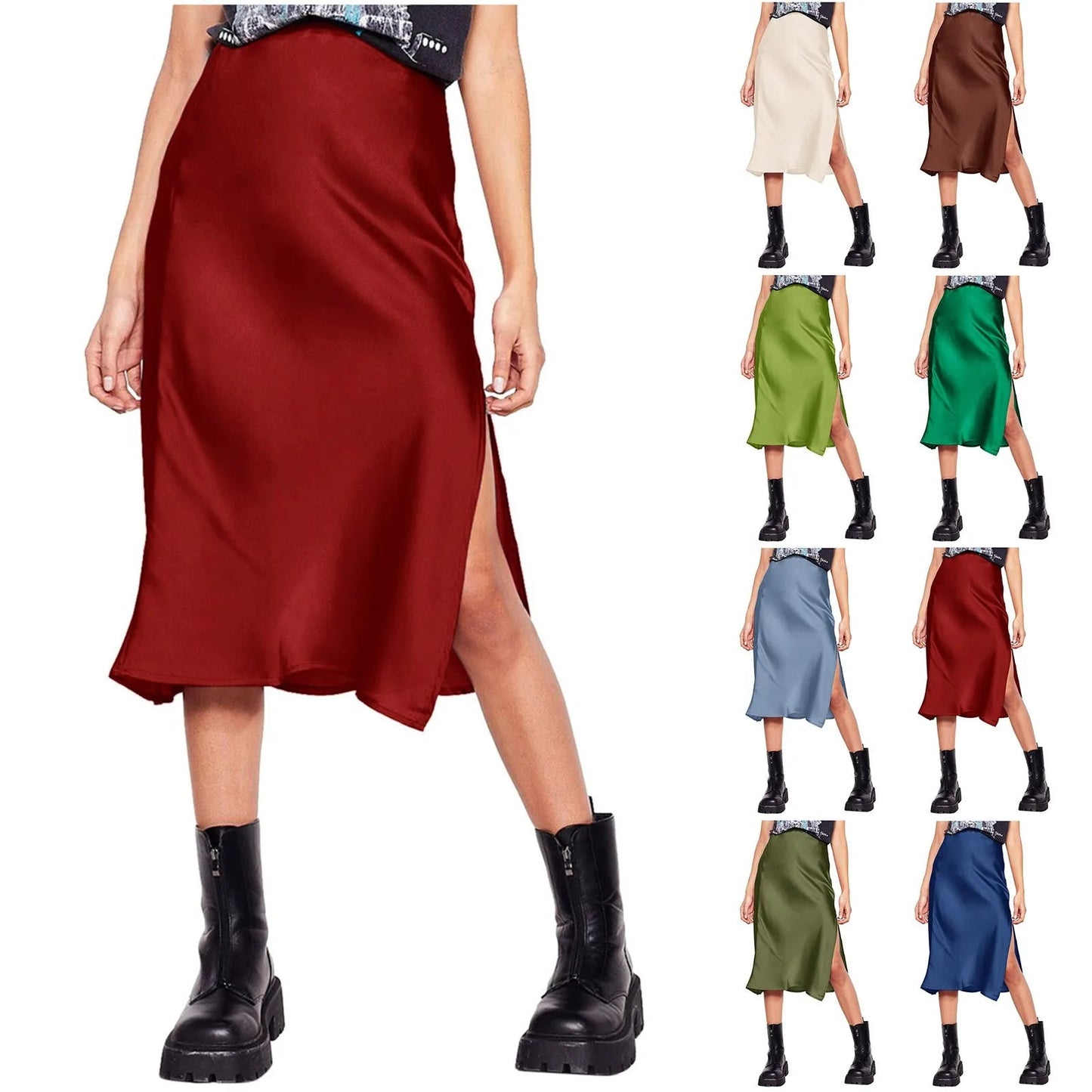 Korean Style Satin Skirt For Women Summer High Waisted Midi Skirt With Slit Solid Color Faldas Elegant Office Ladies Skirts SS69