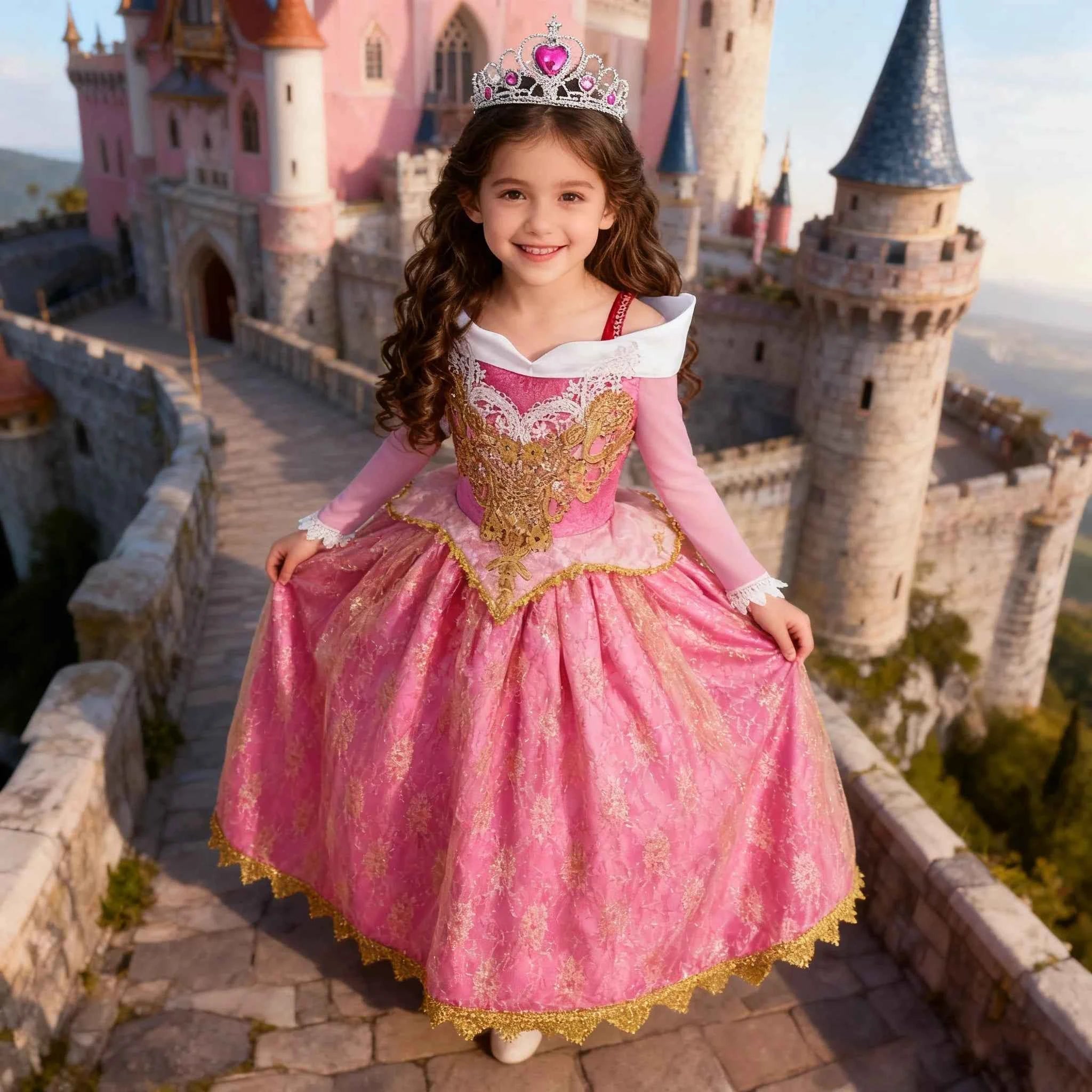 Girl Aurora Princess Dress Children Luxurious Cosplay Costume Rose Pink Briar Rose Outfit Kids Carnival Birthday Party Clothing