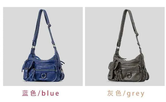 Vintage Multiple Pockets Women Shoulder Bags Luxury Washed Pu Leather Crossbody Bag Retro Motorcycle Bag Y2K Sac for Girls 2024
