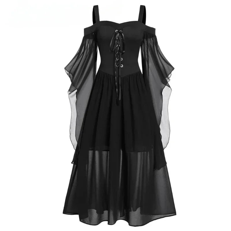 New Medieval Witch Dress for Women Halloween Carnival Women Plus Size Cold Shoulder Butterfly Sleeve Halloween Gothic Dress
