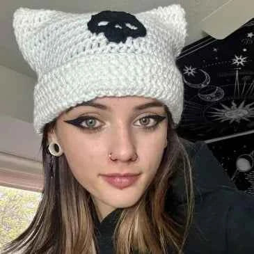 2025 New Hand-Knitted Bow Cat Ear Hooded Cap For Winter Men And Women, Striped Hollowed-Out Knitted Cap, K2y Street Style