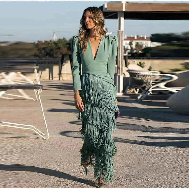 Women Stacked Tassel Maxi Dress Elegant Deep V Neck Full Sleeve Slim Fit Long Gowns Lady New Evening Party Fashion Robes 2025