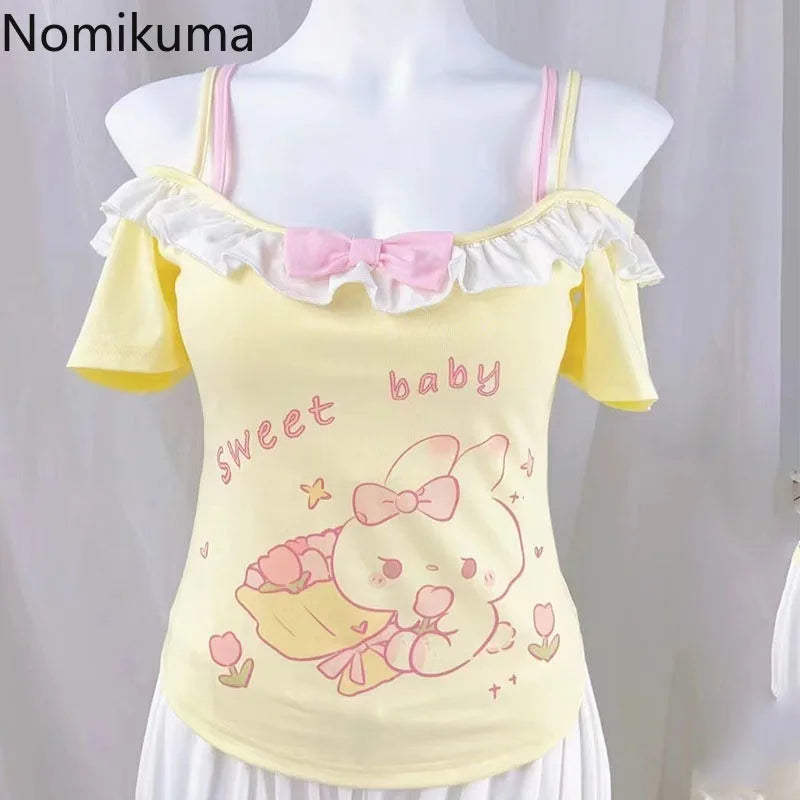 2025 Ropa Mujer Sweet Woman T Shirts Slash Neck Short Sleeve Tees Fashion Japnese Camisetas Y2k Tops Ruffles Anime Cute Tshirts SS69