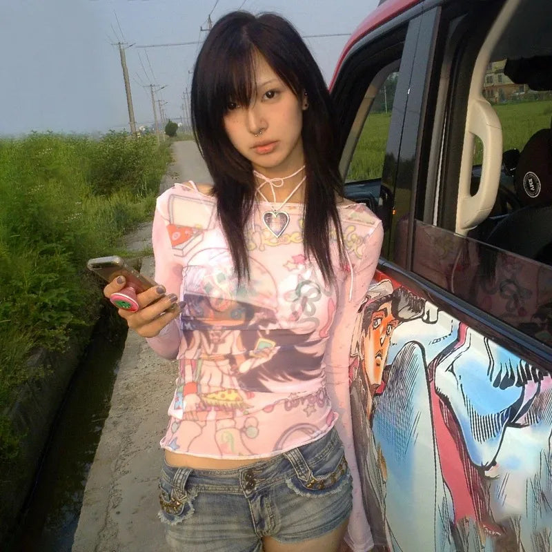 Karrram Japanese Y2k Anime Print Mesh Tops 2000s Aesthetics Pink Sheer Top Vintage Harajuku Kawaii See Through T-shirt Lolita SS69