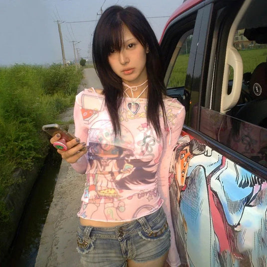 Karrram Japanese Y2k Anime Print Mesh Tops 2000s Aesthetics Pink Sheer Top Vintage Harajuku Kawaii See Through T-shirt Lolita SS69