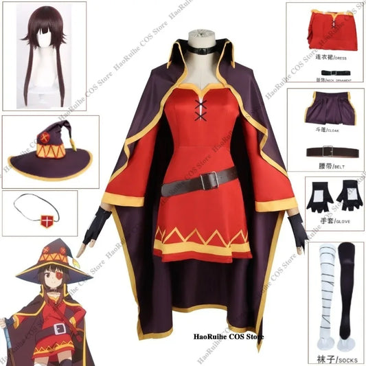 Megumin Cosplay Costume Set with Dress, Cloak, and Hat - KonoSuba Sorceress