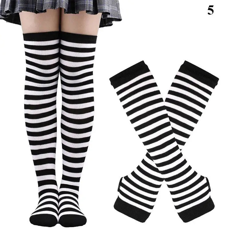 Gothic Striped Over Knee Socks & Arm Warmer Set