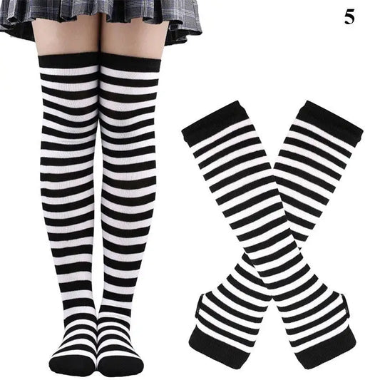 YJSFG HOUSE Women Gothic Striped Over Knee Socks and Arm Warmer Set