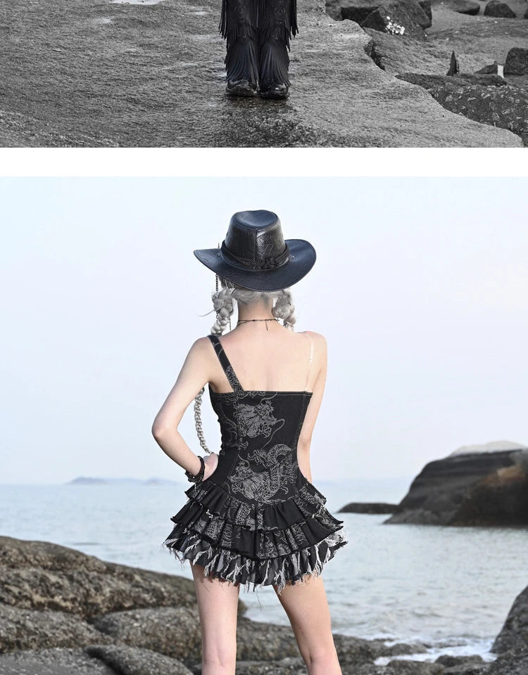 Blood Supply Original Punk Aesthetic dress hot girl Dragon Pattern Denim Sexy Slim Fit Dress Summer Halter Ruffles Short Dresses SS69