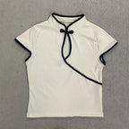 Women's Beige Chinese Style Cheongsam Blouse Vintage Mandarin Collar Short Sleeve Crop Top with Frog Button Keyhole Asymmetrical