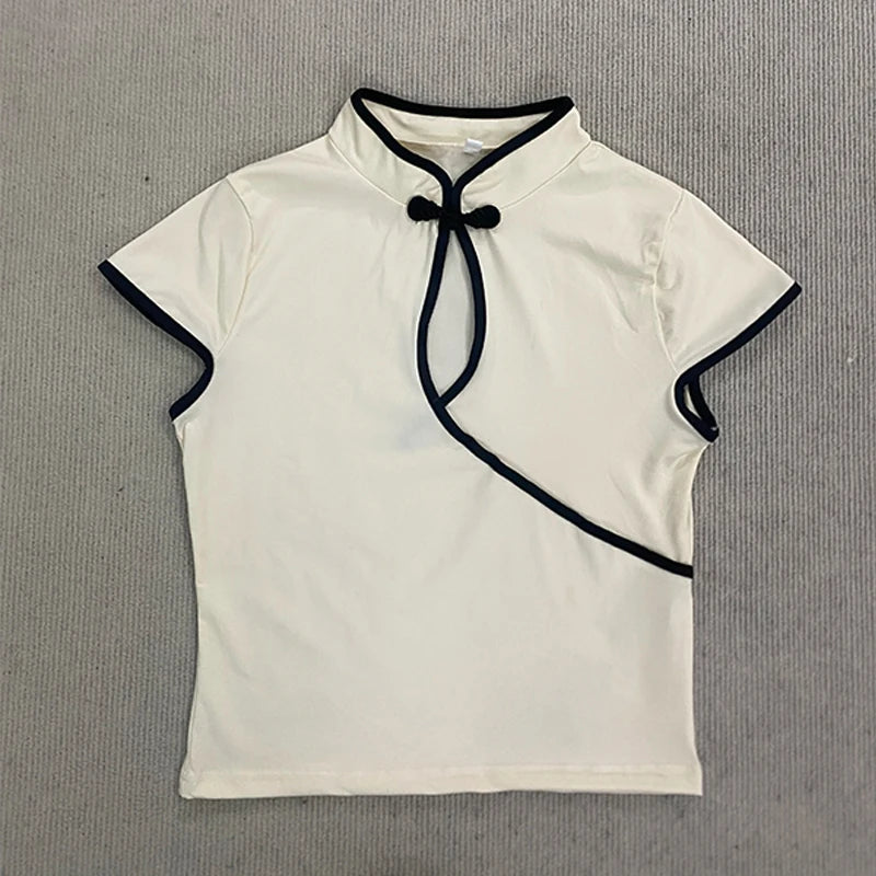 Women's Beige Chinese Style Cheongsam Blouse Vintage Mandarin Collar Short Sleeve Crop Top with Frog Button Keyhole Asymmetrical