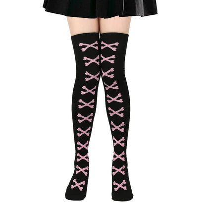 SS69 Women's Bone Print Thigh High Socks - Cotton Blend Cosplay Stockings