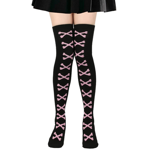 SS69 Women's Bone Print Thigh High Socks - Cotton Blend Cosplay Stockings