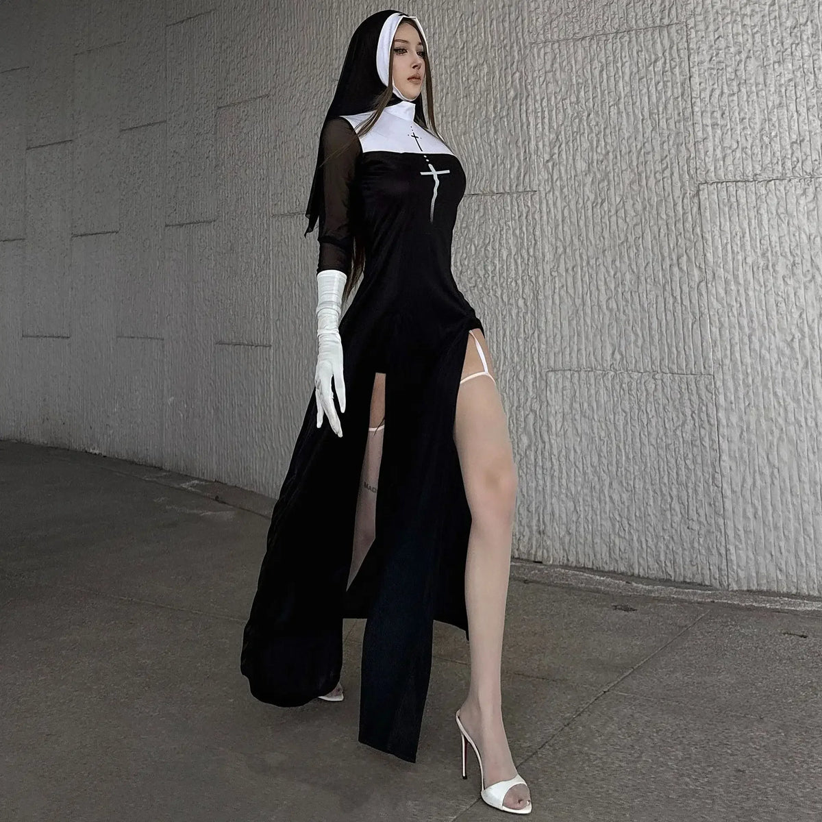 Adult Women Sexy Halloween Costume Anime Nun Cosplay Fancy Dress Gothic Robe Long Black Uniform Carnival Party Themed Events