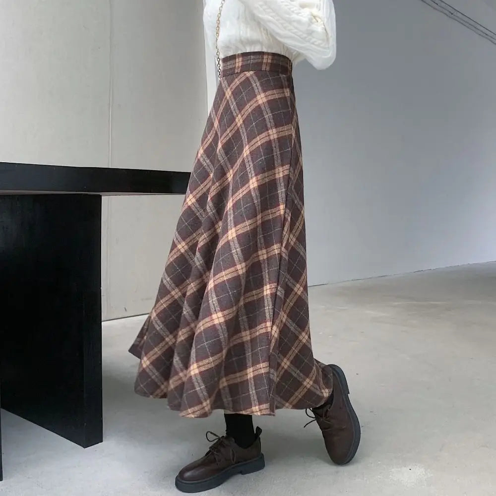 Elegant High Waist Retro Plaid Skirt Winter Autumu Classical High Waist Long Skirt Slim Fit Preppy Style A-line Half Dress Party