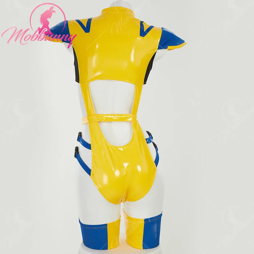 MOBBUNNY Women's PU Leather Bodysuit Cosplay Costume Set with Hat & Gloves