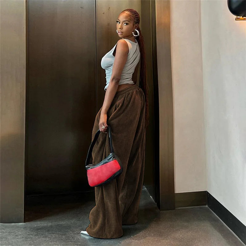 Casual Women's Pants Y2K Wide Leg Corduroy Women's Pants Hip Hop Loose Basic Pockets High Waist Pants SS69