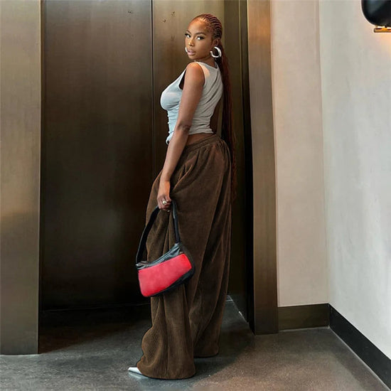 Casual Women's Pants Y2K Wide Leg Corduroy Women's Pants Hip Hop Loose Basic Pockets High Waist Pants SS69