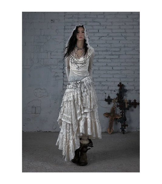 NO ROMANCE Fairy Sexy Punk Printing Half Transparent Lace Patch Knitted Long Sleeve Hooded Dresses Rock Gothic Design Vestidos SS69