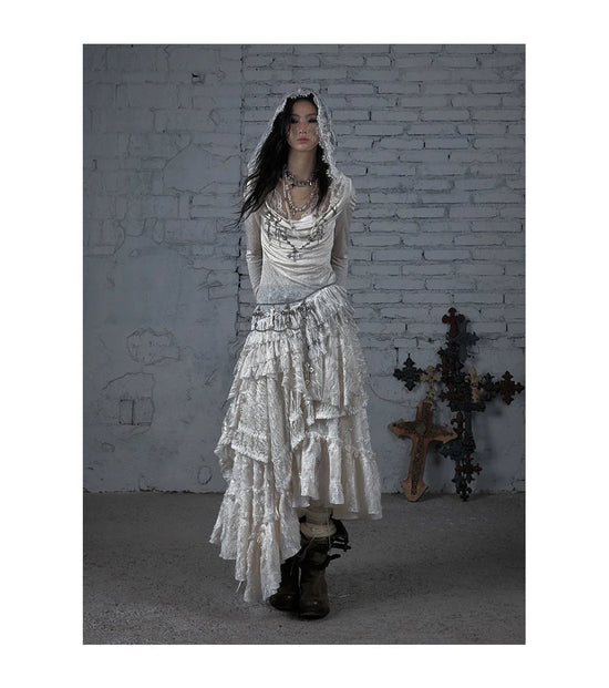 NO ROMANCE Fairy Sexy Punk Printing Half Transparent Lace Patch Knitted Long Sleeve Hooded Dresses Rock Gothic Design Vestidos SS69