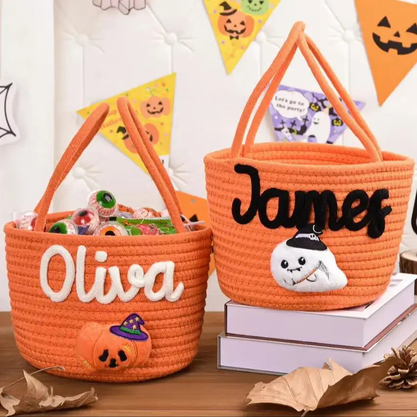 Custom Name Halloween Candy Basket, Personalized Cotton Trick or Treat Bag, Kids Candy Basket, Boo Basket, Halloween Gift,