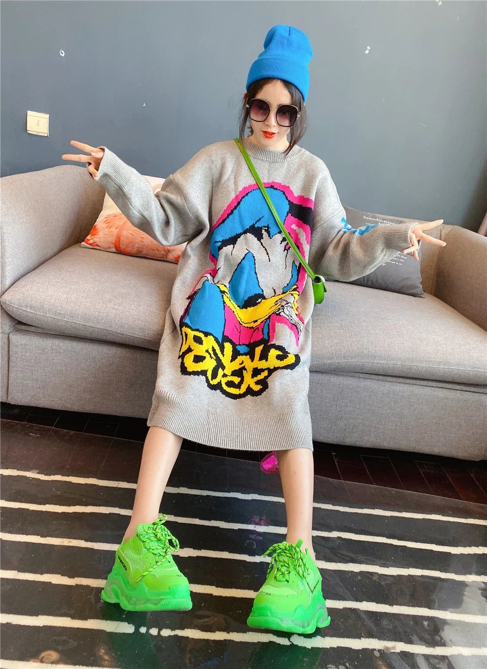 Korean Long-Sleeved Pullover Sweater Loose Fashion Women Autumn Winter Cartoon Embroidered Thickened Long Section Knitted Top SS69