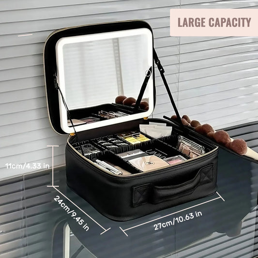 Travel Makeup Bag With LED Lighted Mirror, Makeup Train Case With Adjustable Dividers For Home,Gift,Vacation