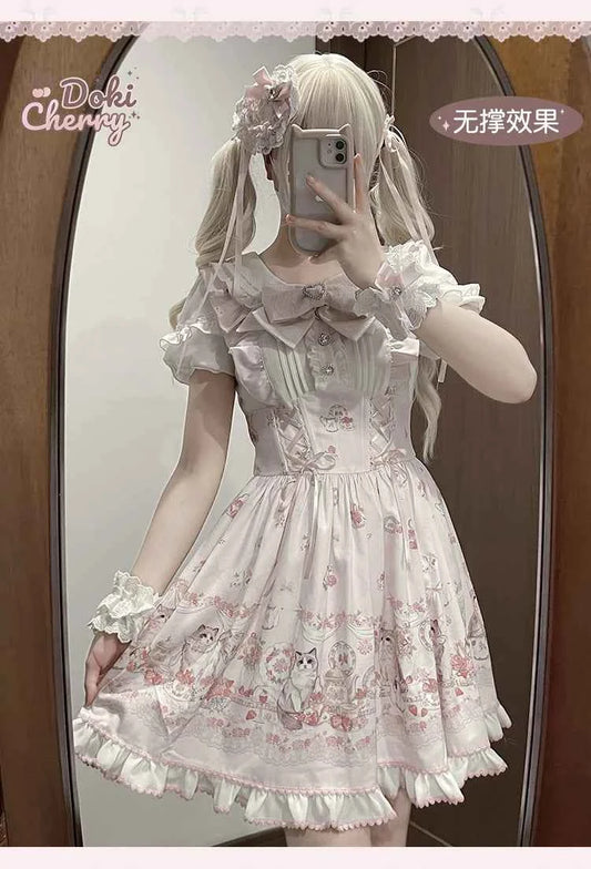 Original New Spring Summer Cute Print Short-sleeved Lolita OP Dress Japanese Sweet Girl Mass-produced Kawaii Bow Short Dresses