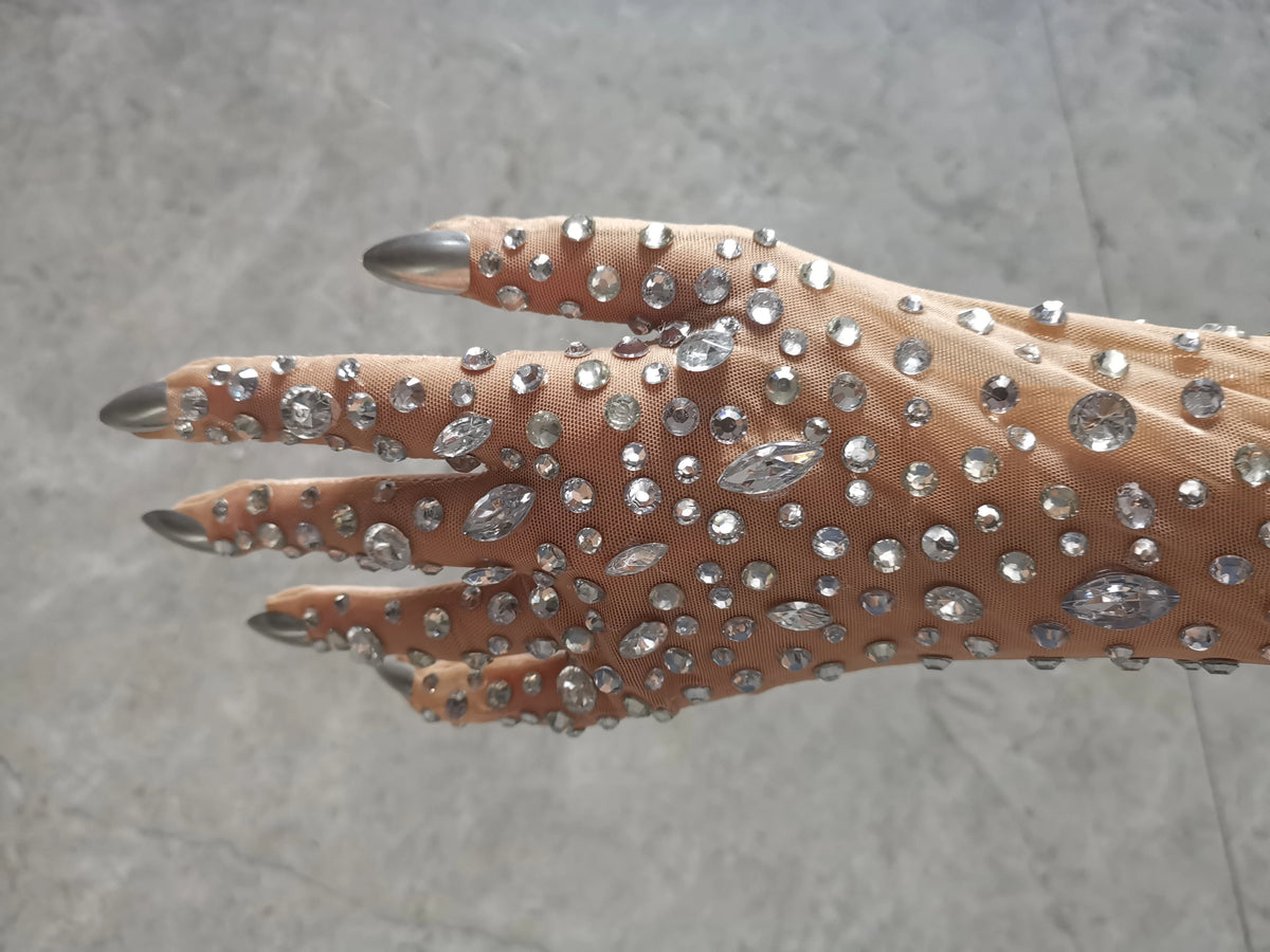 Luxurious Women's Rhinestone Gloves Sparkling Crystal Mesh Long Stretch Dancer Singer Stage Wear Accessory