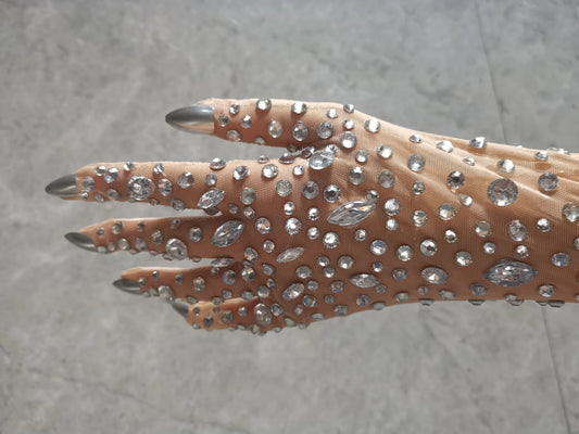 Luxurious Women's Rhinestone Gloves Sparkling Crystal Mesh Long Stretch Dancer Singer Stage Wear Accessory