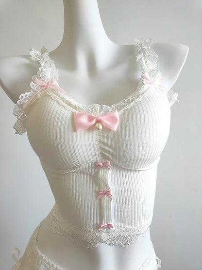 Sweet Crop Top Women Lace Trim Cotton Cropped Bows Bead Decoration Pink White Cute Camis Sweet Girls Lolita Style Kawaii Clothes SS69 21.69 White Crop Tops / One Size