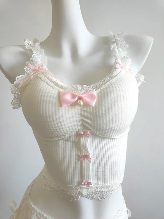 Sweet Crop Top Women Lace Trim Cotton Cropped Bows Bead Decoration Pink White Cute Camis Sweet Girls Lolita Style Kawaii Clothes SS69 21.69 White Crop Tops / One Size