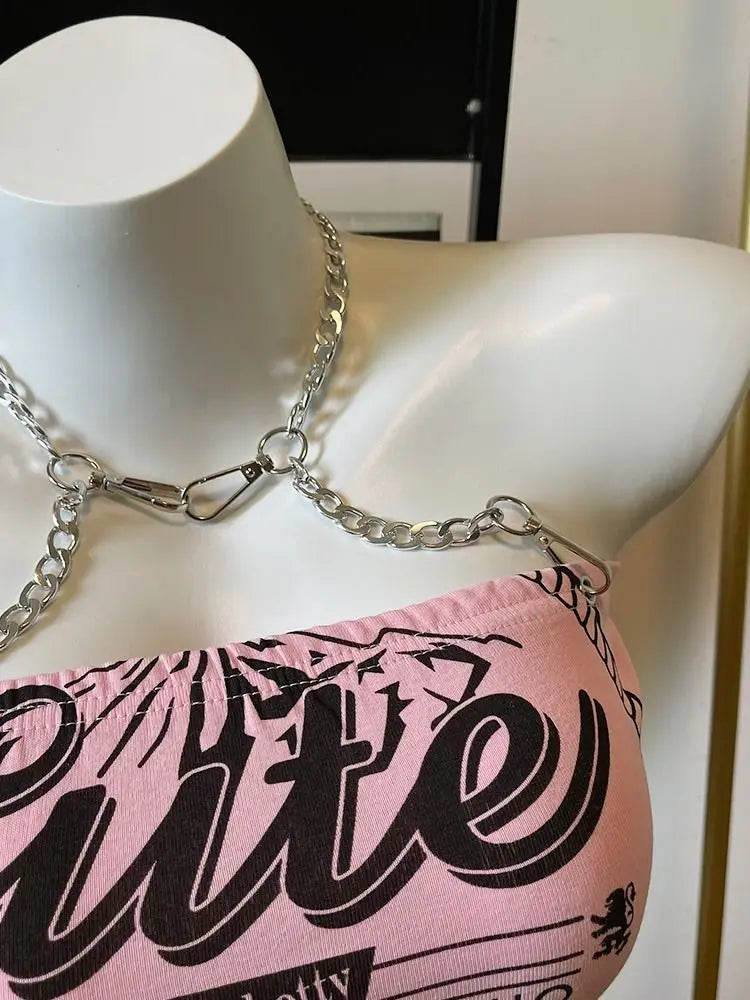 Crop Tops Fashion Summer Tanks Women Clothing Sweet Pink Letter Backless Tunic Camis Harajuku Chain Sexy Y2k Vest Ropa Mujer SS69