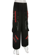 Cyber Punk Unisex Cargo Wide Leg Pants Chain Bandage Ruched Tie Capris Pants Women Gothic Baggy Trousers BF Hippie Grunge Jogger SS69