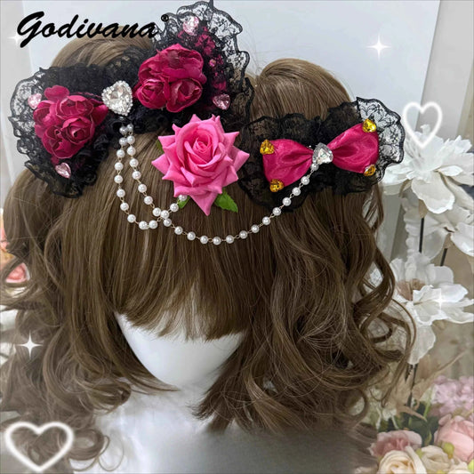 SS69 Lolita Lace Bow Hairpin with Pearl Chain and Floral Accents