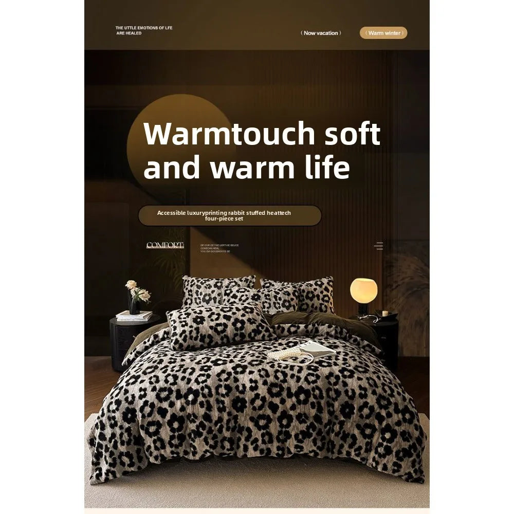 Leopard Print Plush Quilt Cover Set - Warm Coral Fleece