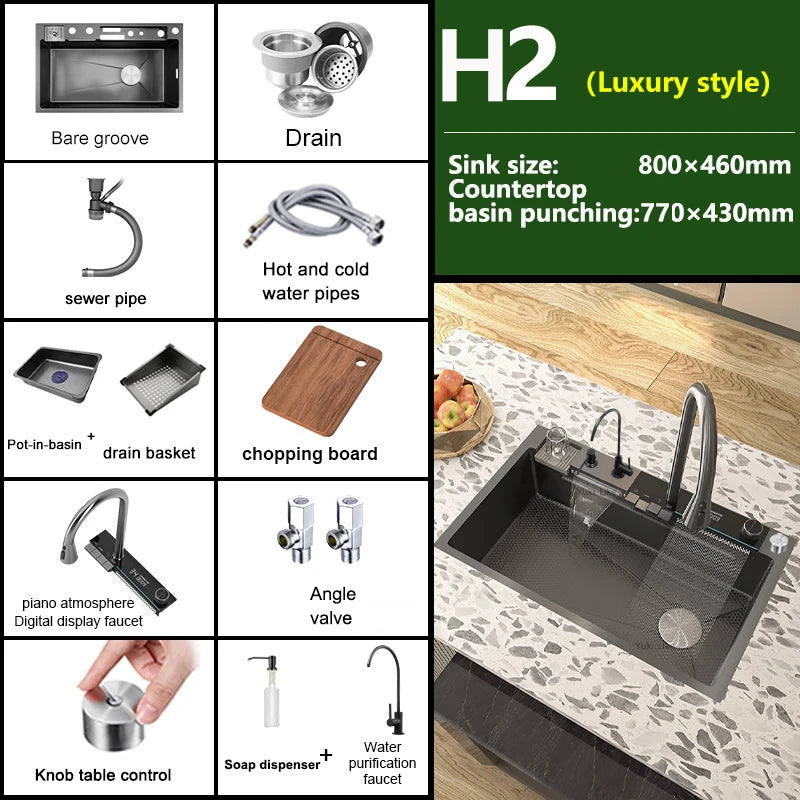 TELISIYAC Stainless Steel Waterfall Kitchen Sink - Large Single Bowl