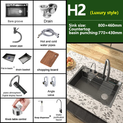 TELISIYAC Stainless Steel Waterfall Kitchen Sink, Large Single Bowl Digital