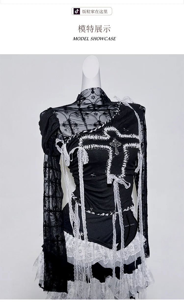 Original Design Punk Rock Cross Patch Long Sleeve Slash Tshirt Gothic Women Subculture Lace Ruffled Holloween Tee Tops Clothing SS69