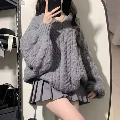 Autumn Winter Women Sweater Harajuku Oversized Knitted Pullovers Korean Long Sleeve V Neck Knitwear Preppy Solid Loose Jumper