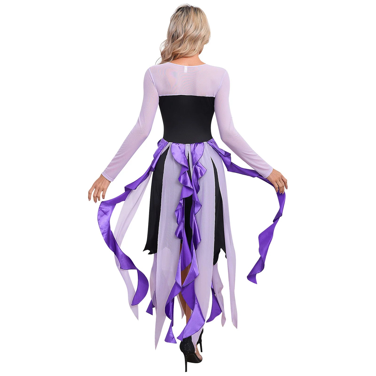 Women Ursula‘s Dress Halloween Carnival Mermaid Octopus Sea Witch Cosplay Costume Long Sleeve Mesh Asymmetrical Hem Dresses