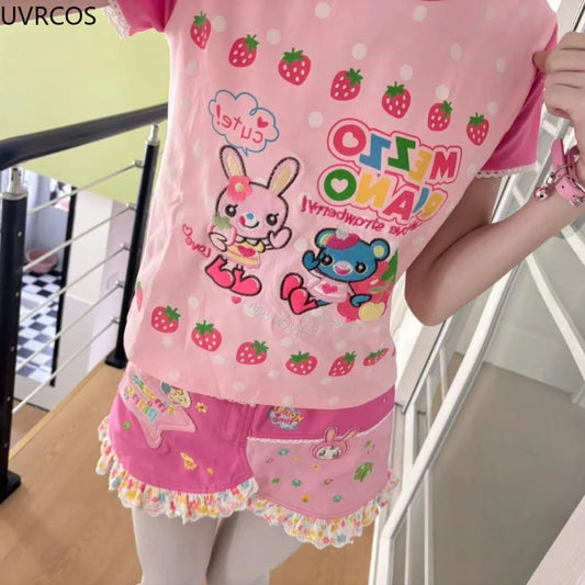 Y2k Aesthetics Cartoon Print Women T-shirt Japanese Kawaii E-girl Contrast Color Cute Strawberry Tees Fairy Grunge Tshirts Tops - SS69
