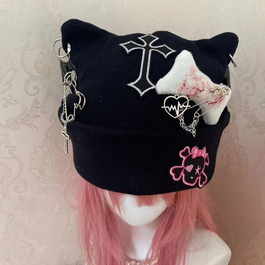 Gothic Punk Cat Ear Hat Cross Skeleton Knitted Black Y2K Girl Subculture Cute Lace Net Hat Chinese Brand None( AE Stock) SS69