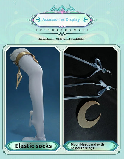 Genshin Impact Zibai Cosplay Costume Set: Exquisite Elegant White Qipao with Socks,Accessories Wig Party Comic Con Performance