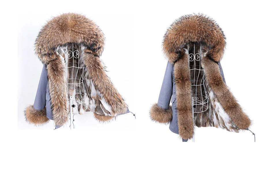 Maomaokong Winter Women Parka Cotton Jacket Real Fur Coat Natural Fox Fur Hooded Rabbit Fur Liner Thick Warm Outerwear Female