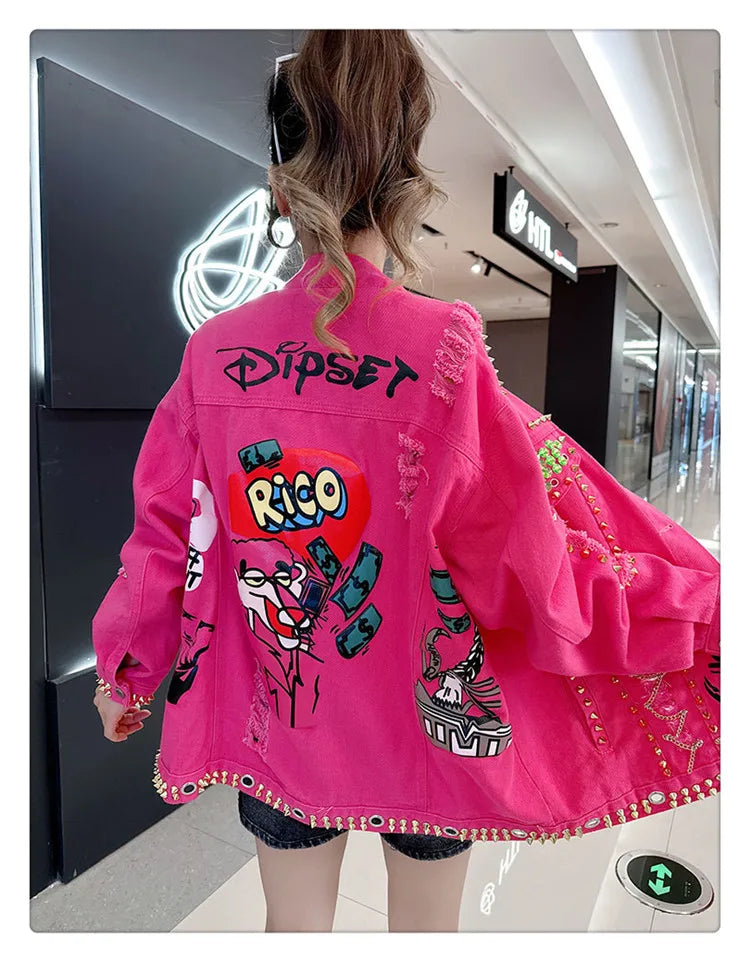 Women Graffiti Printed Rivets Denim Jacket Loose Holes Diamonds Jeans Coat Sequined Cowboy Ripped Streetwear Cardigan Ins Tops SS69