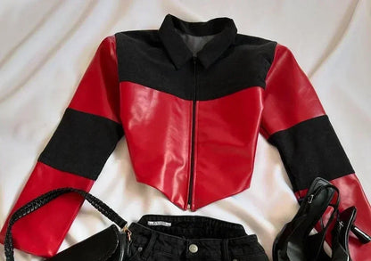 Y2K Womens Street Clothing Heart shaped Leather Clothing Two Punk Jacket Cut Denim Patchwork Retro Pleated Mini Skirt Jacket Set SS69 43.69 Top2 / L