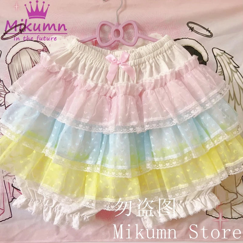 Mikumn Harajuku Sweet Lace Shorts Skirts Y2k Japanese Lolita Kawaii JK Ruffles Bloomers Women Elastic Waist Safety Short Pants SS69 48.69 Pink Blue Yellow / Waist 100-140cm